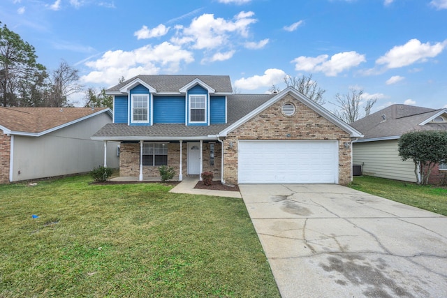 front of property with a porch, a garage, central AC unit, and a front yard