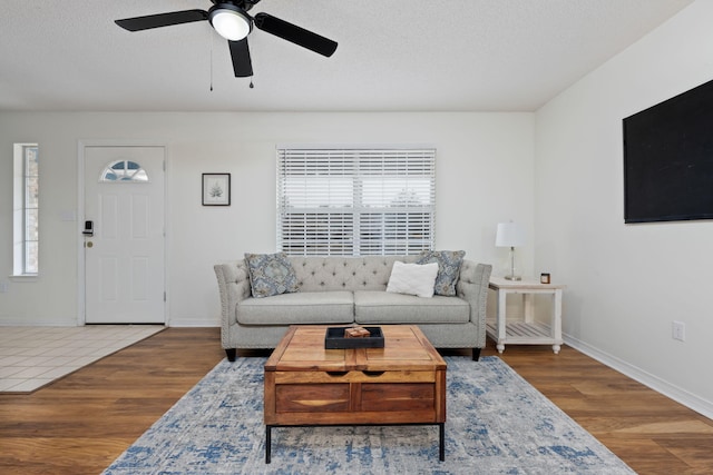 living room featuring hardwood / wood-style flooring and a textured ceiling