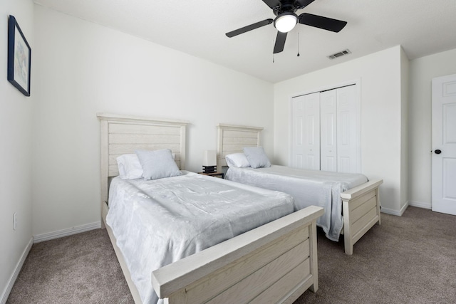 carpeted bedroom featuring ceiling fan and a closet