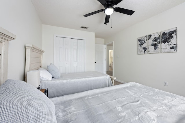 bedroom with ceiling fan and a closet