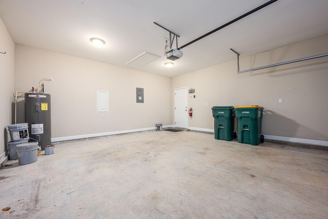 garage with electric panel, water heater, and a garage door opener