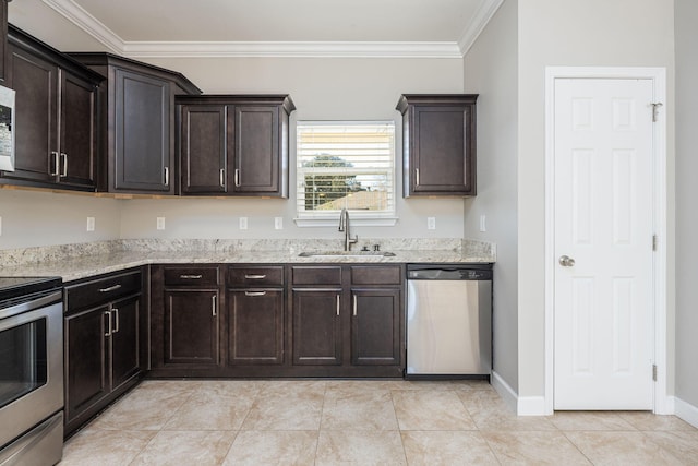 kitchen with dark brown cabinetry, sink, stainless steel appliances, and ornamental molding