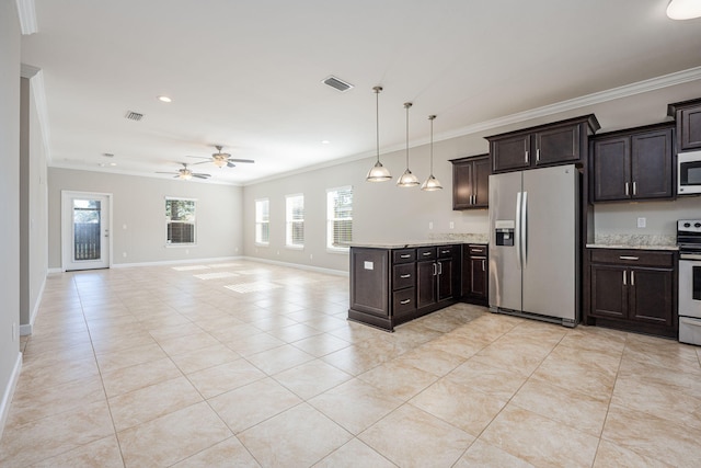 kitchen featuring dark brown cabinetry, range with electric cooktop, ceiling fan, hanging light fixtures, and stainless steel refrigerator with ice dispenser