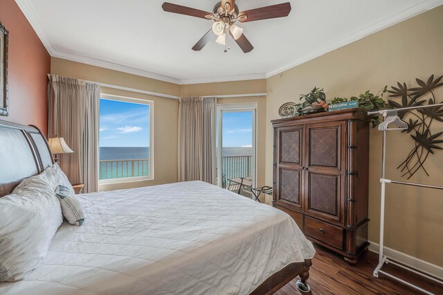 bedroom featuring access to outside, ceiling fan, crown molding, dark wood-type flooring, and a water view