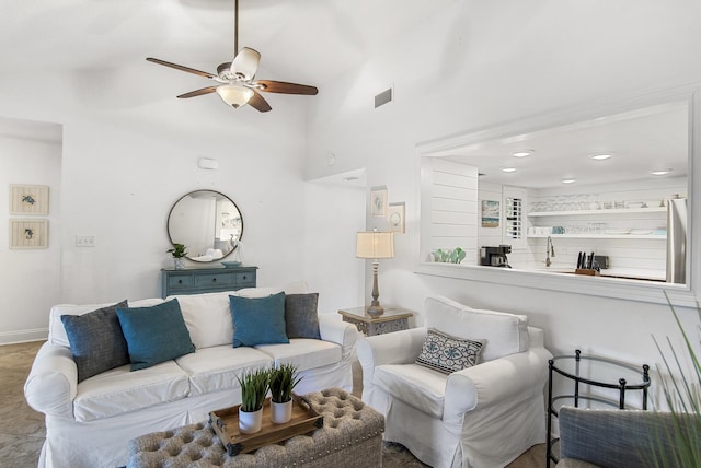 living room with ceiling fan