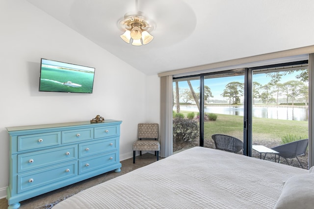 bedroom with access to outside, vaulted ceiling, ceiling fan, and a water view