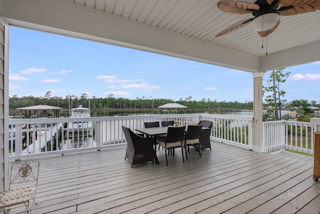 deck featuring ceiling fan and a water view