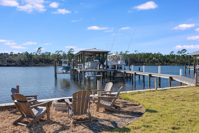 dock area with a water view and a lawn