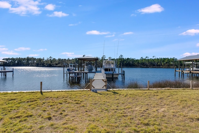 view of dock with a water view and a yard