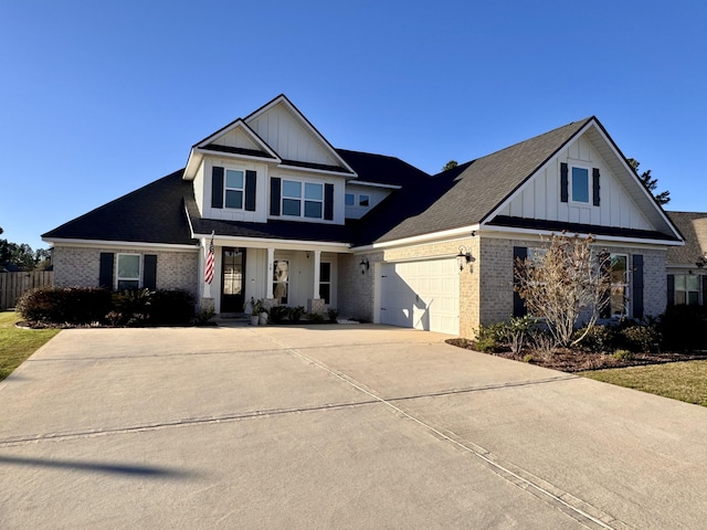 view of front of property featuring a porch, a garage, brick siding, concrete driveway, and board and batten siding