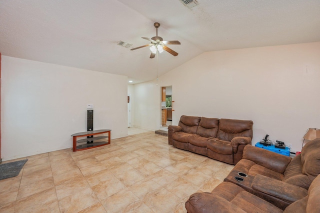 living room with vaulted ceiling and ceiling fan