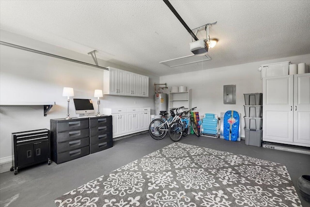 garage with a garage door opener, electric panel, and water heater