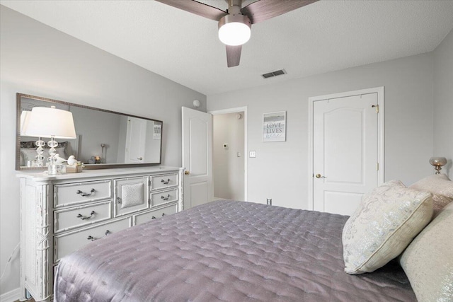 bedroom featuring a textured ceiling and ceiling fan