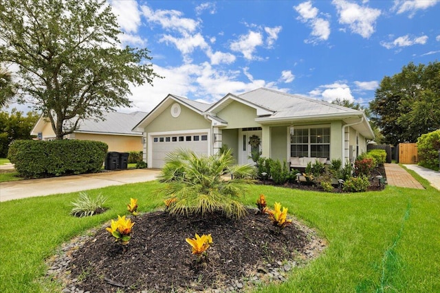 ranch-style house with a garage and a front yard