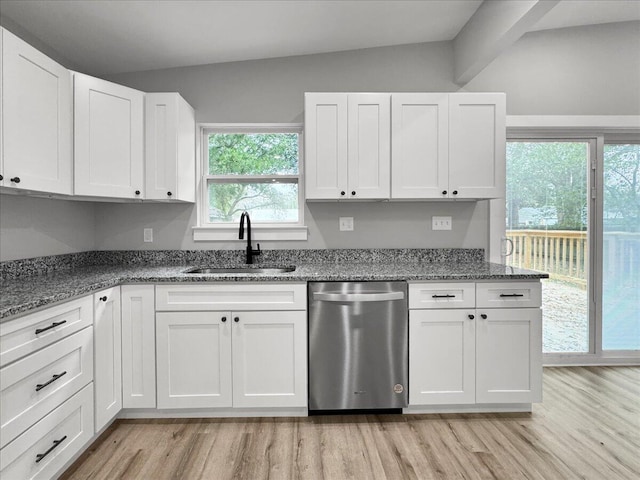 kitchen featuring white cabinetry, dishwasher, sink, and dark stone counters