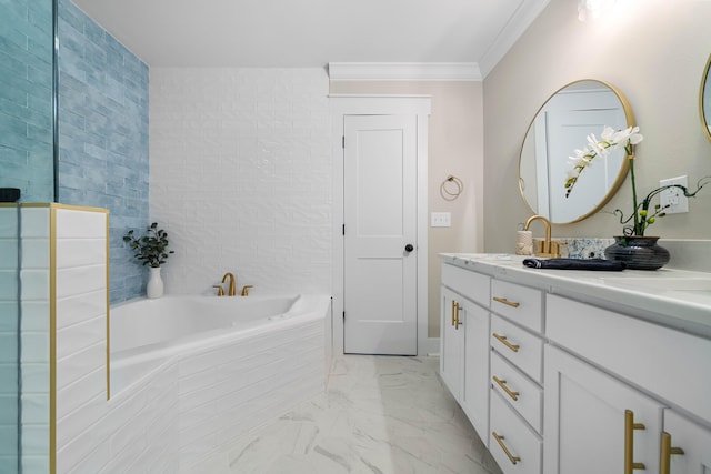 bathroom featuring vanity, ornamental molding, and tiled tub