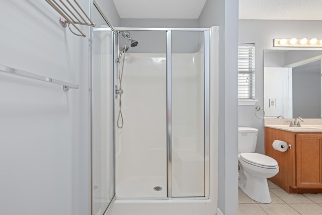 bathroom with walk in shower, tile patterned flooring, a textured ceiling, toilet, and vanity