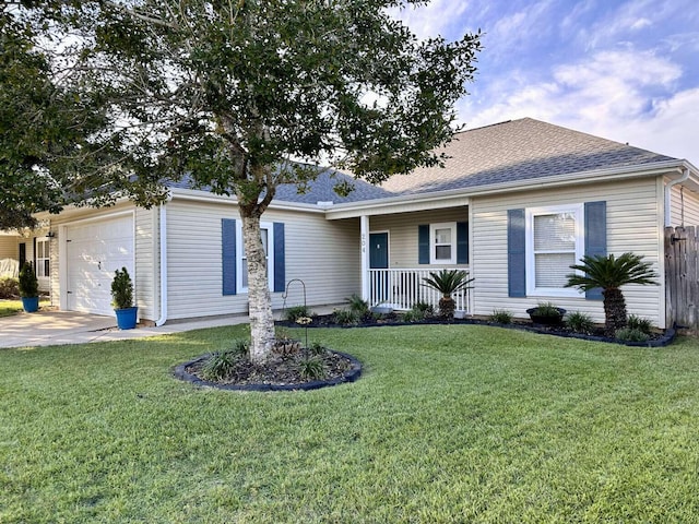 ranch-style home with a porch, a garage, and a front lawn