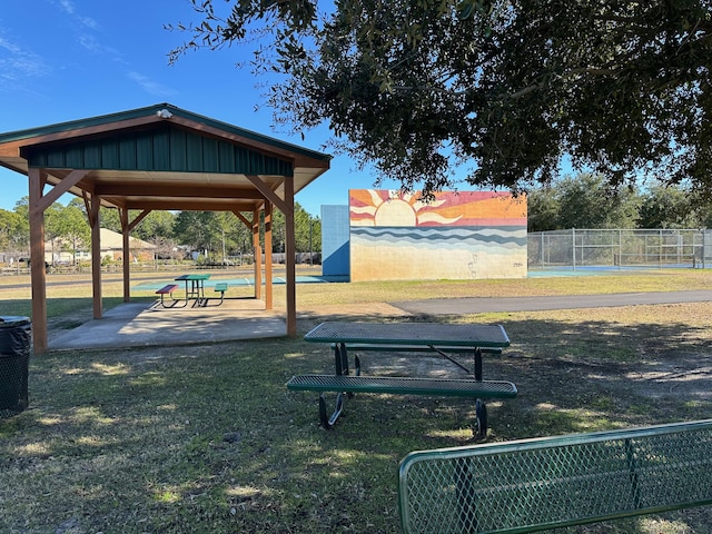 view of community featuring a gazebo and a yard