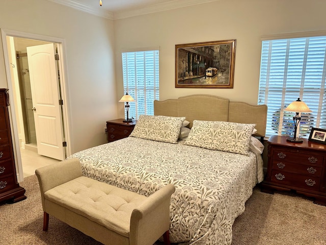 bedroom featuring carpet floors and crown molding