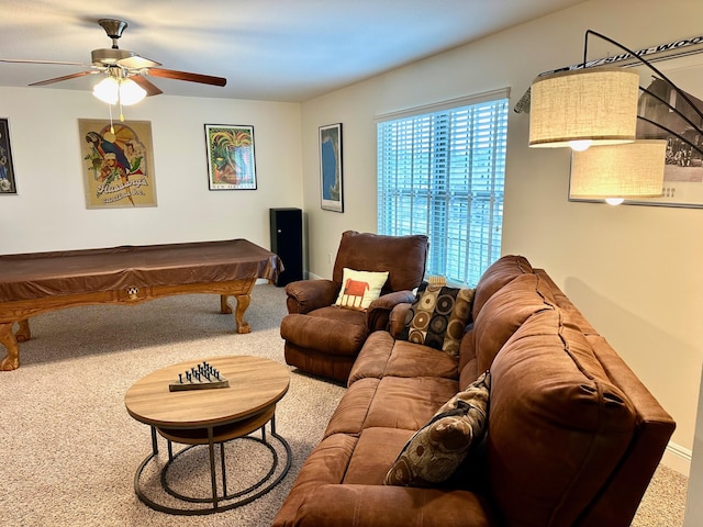 carpeted living room featuring ceiling fan and billiards