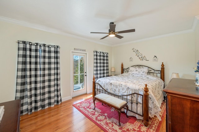 bedroom with access to exterior, ceiling fan, crown molding, and wood-type flooring