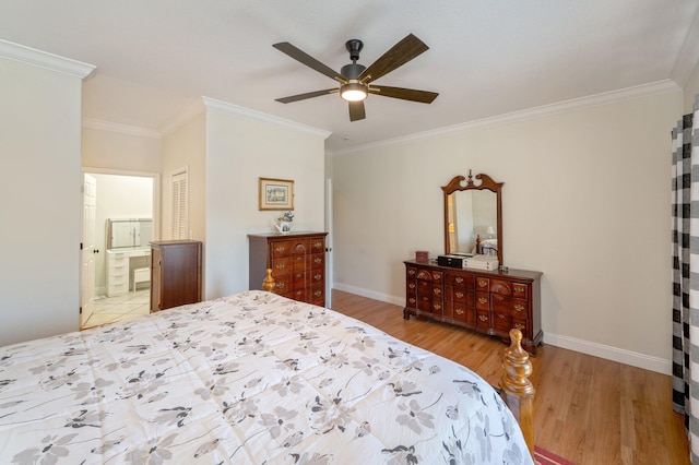 bedroom featuring ceiling fan, ornamental molding, connected bathroom, and light hardwood / wood-style flooring