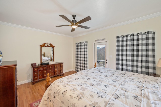 bedroom featuring ceiling fan, access to exterior, light wood-type flooring, and crown molding