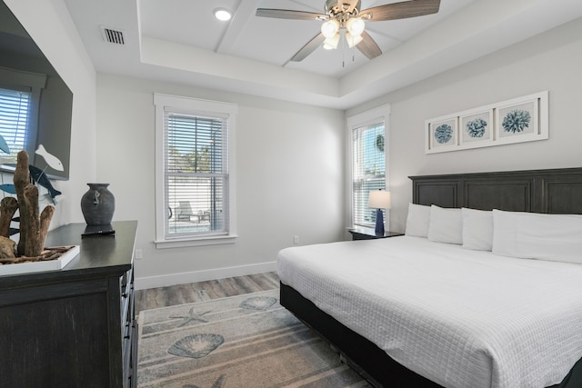 bedroom with a raised ceiling, ceiling fan, and wood-type flooring