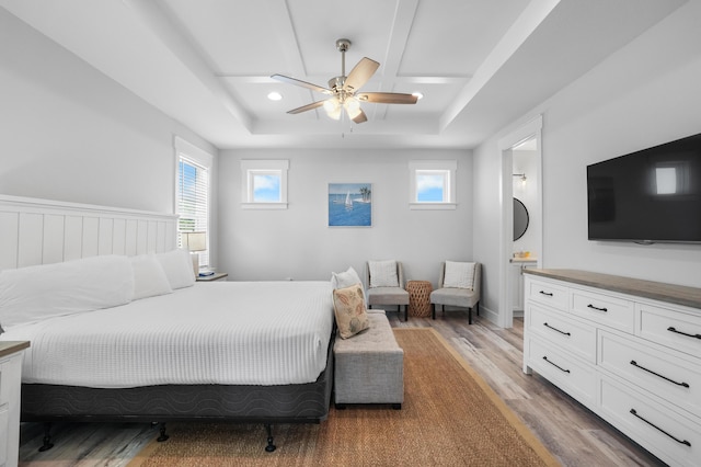 bedroom featuring ceiling fan and light wood-type flooring