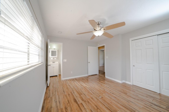 unfurnished bedroom featuring a closet, ceiling fan, and light hardwood / wood-style flooring