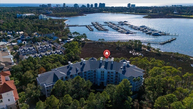 drone / aerial view featuring a water view