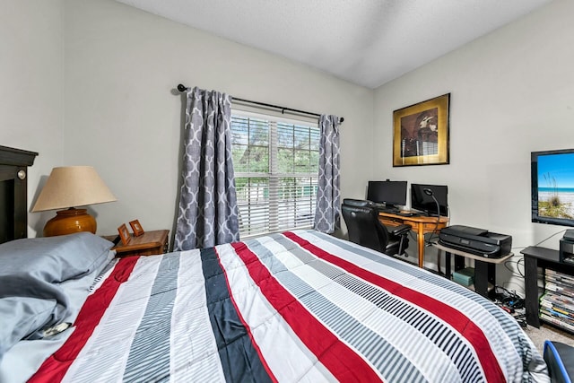 carpeted bedroom with a textured ceiling