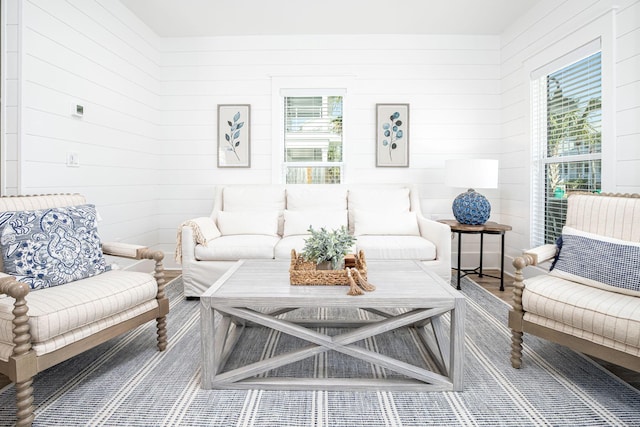 living room with wooden walls