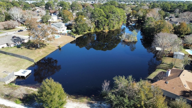 drone / aerial view with a water view