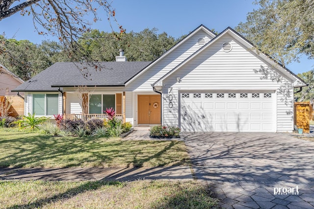 view of front of home with a front lawn, a porch, and a garage