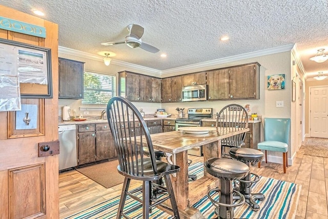 kitchen with appliances with stainless steel finishes, dark brown cabinets, ornamental molding, and ceiling fan