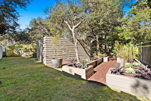 view of yard with a fenced backyard and a garden