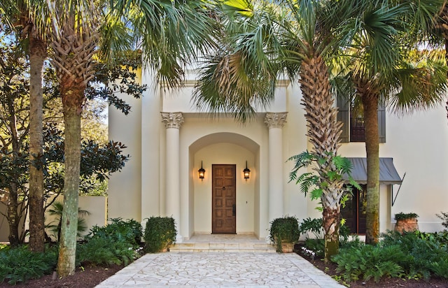 view of exterior entry with stucco siding