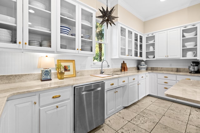 kitchen featuring a sink, white cabinetry, ornamental molding, and dishwasher