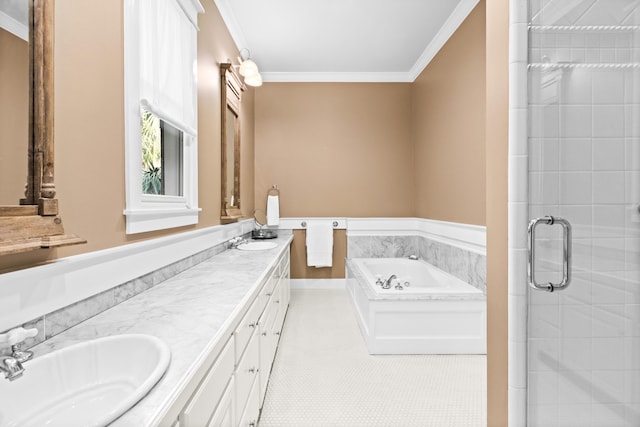 bathroom featuring crown molding, double vanity, a sink, a shower stall, and a bath