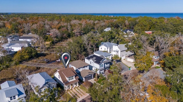 drone / aerial view featuring a water view