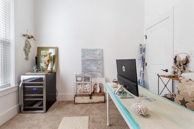 office with light colored carpet and beverage cooler