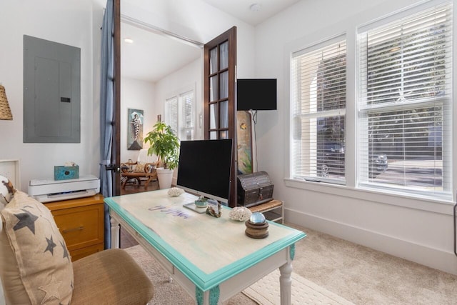 carpeted office featuring electric panel