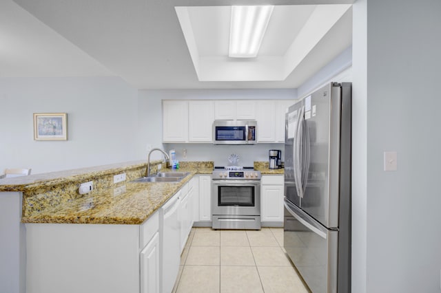 kitchen with kitchen peninsula, stainless steel appliances, sink, light tile patterned floors, and white cabinets