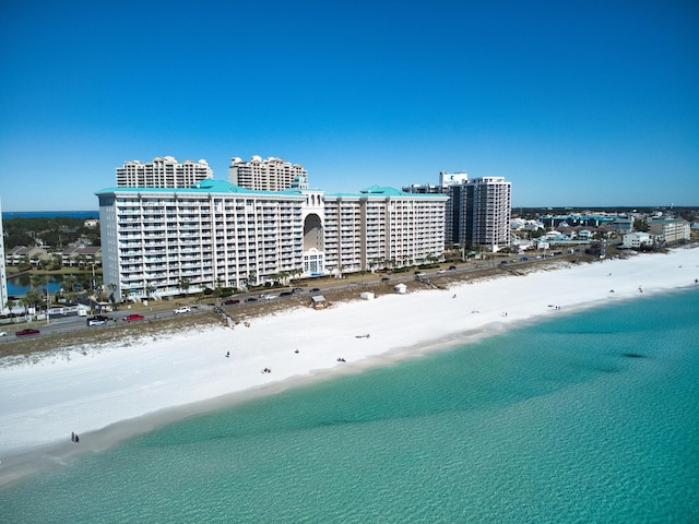 aerial view with a beach view and a water view