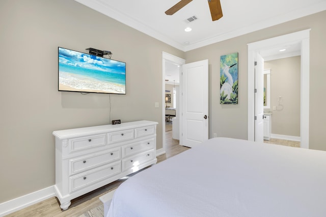 bedroom with connected bathroom, ceiling fan, crown molding, and light hardwood / wood-style floors