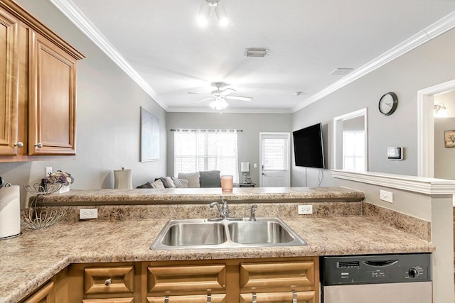 kitchen with crown molding, dishwasher, ceiling fan, and sink