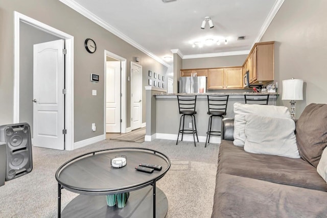 living room with light carpet and crown molding