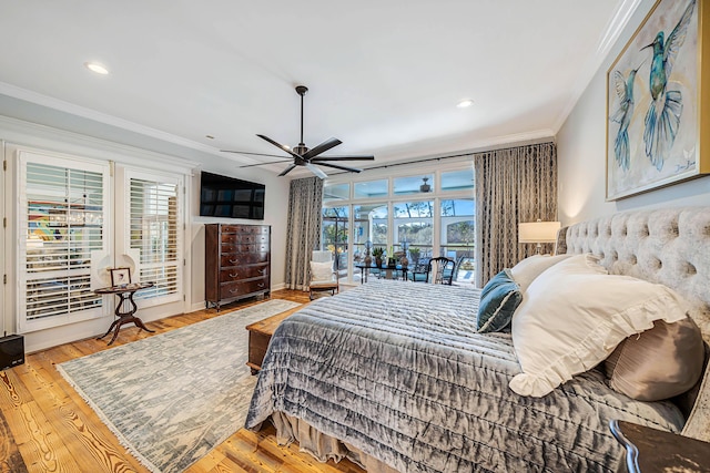 bedroom with access to outside, ceiling fan, light hardwood / wood-style flooring, and ornamental molding